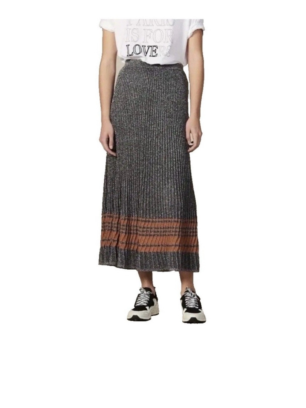 Sandro Ribbed Maxi Skirt in Gray with Brown Stripe Hem